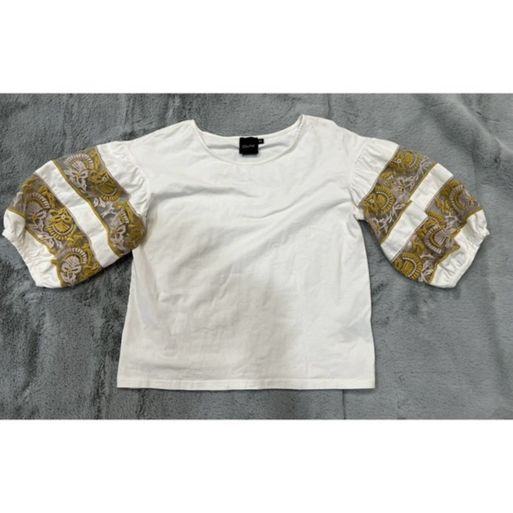 Cliche Womens White Embroidered Puff Sleeves Boxy Top‎ Size Medium